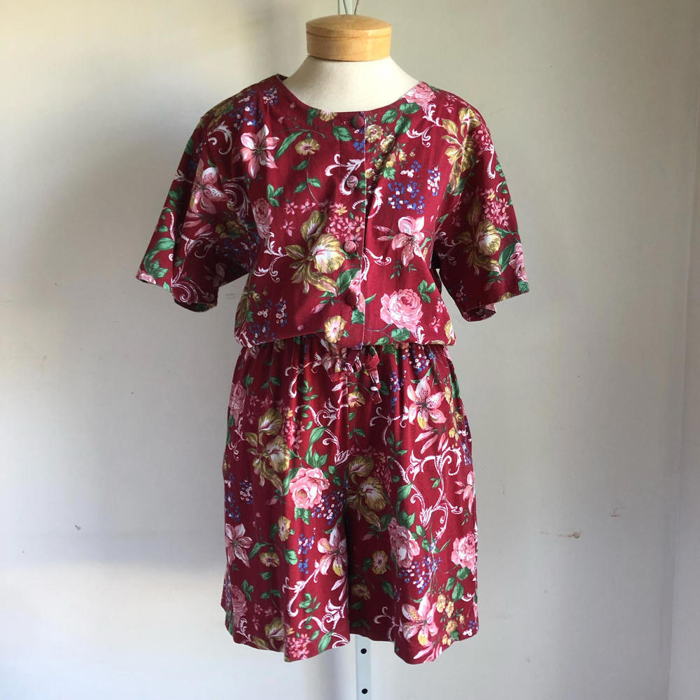 Vintage Red Floral Romper, Short Sleeves, Elastic Waist, Button Front